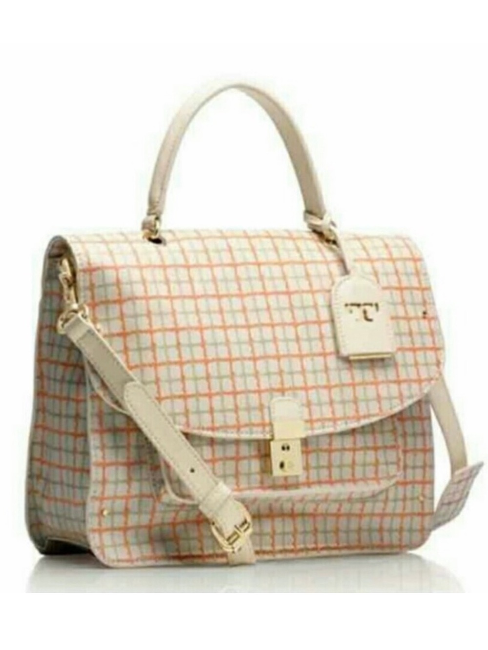 Tory Burch Cream & Orange Plaid Leather Satchel EUC